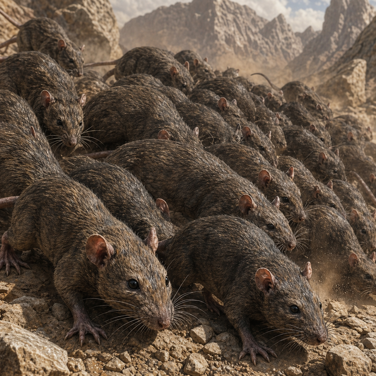 Army Rats creature concept art showing a predatory pack swarming across rocky Volturnus terrain