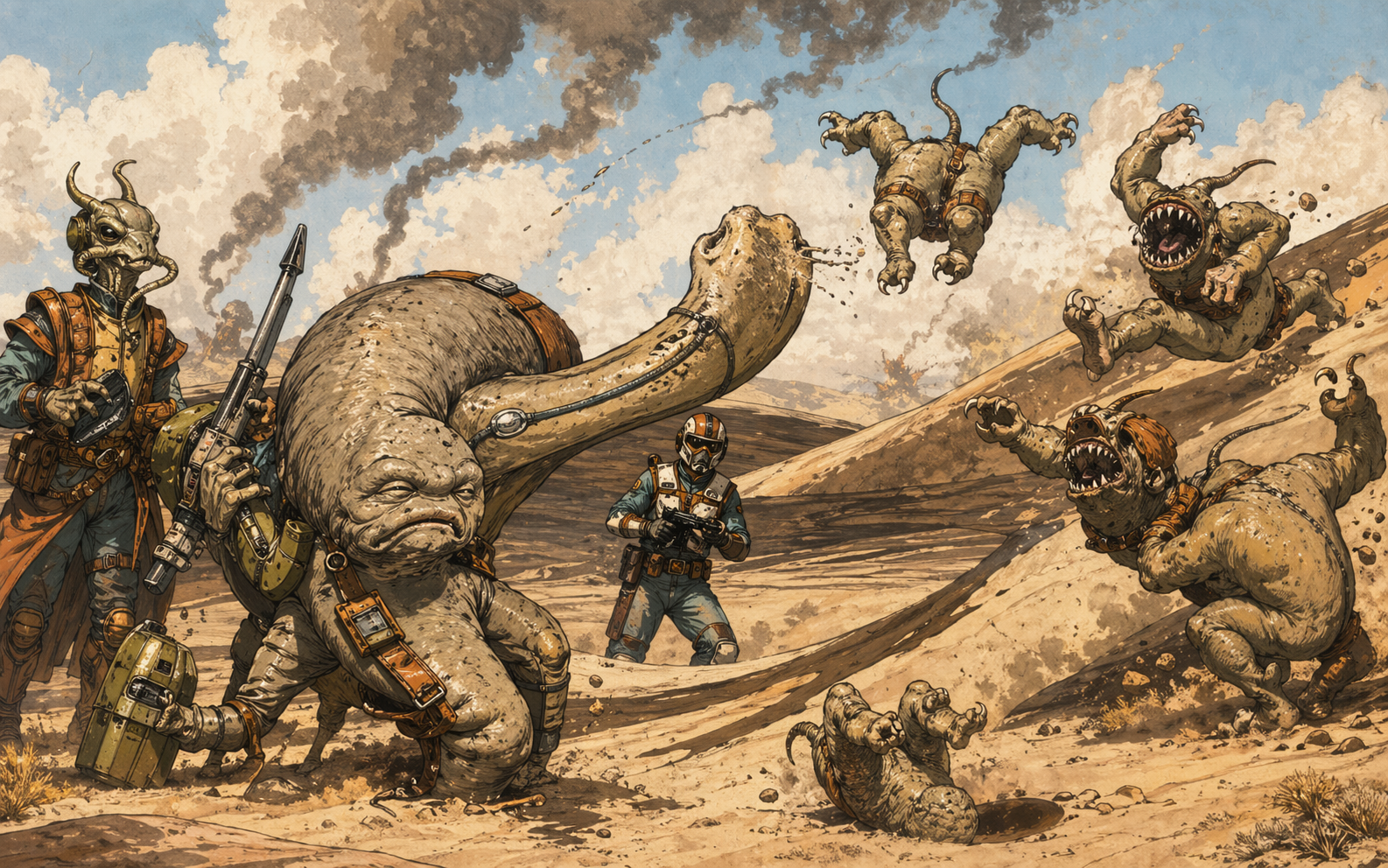 Badlands skirmish scene study showing mixed alien travelers and tumbling clawed creatures in a sandy frontier landscape