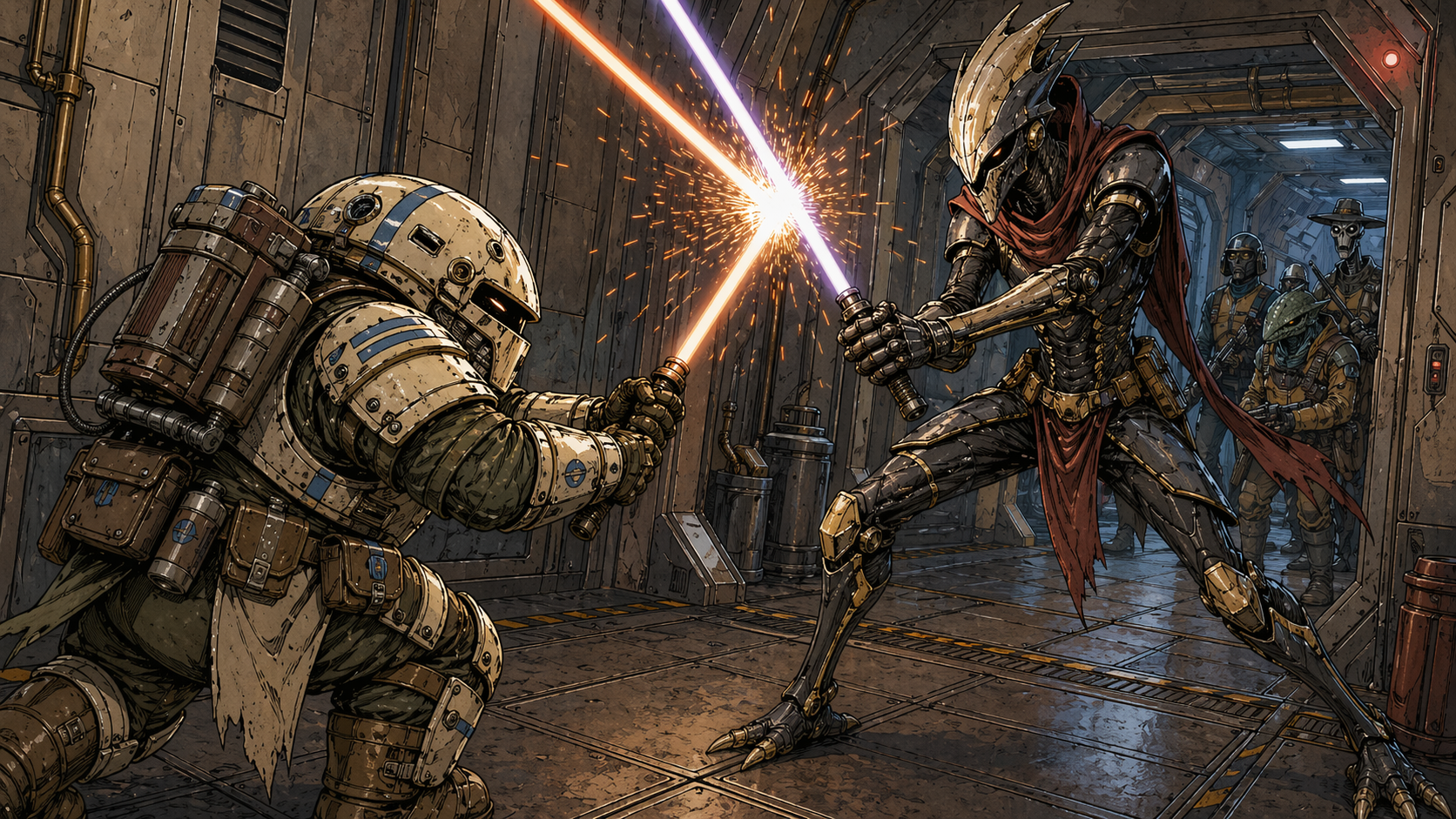 Close-quarters scene study showing two visually distinct armored frontier combatants with contrasting colors clashing energy blades in a corridor