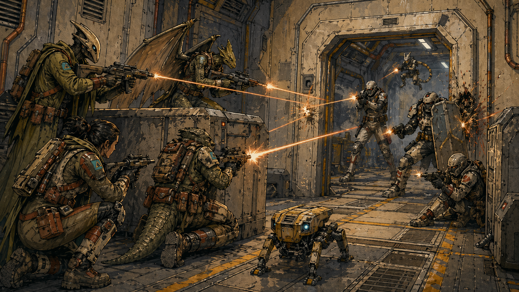 Corridor firefight scene study showing mixed-species armored squads with varied faction colors exchanging weapon fire in a frontier outpost
