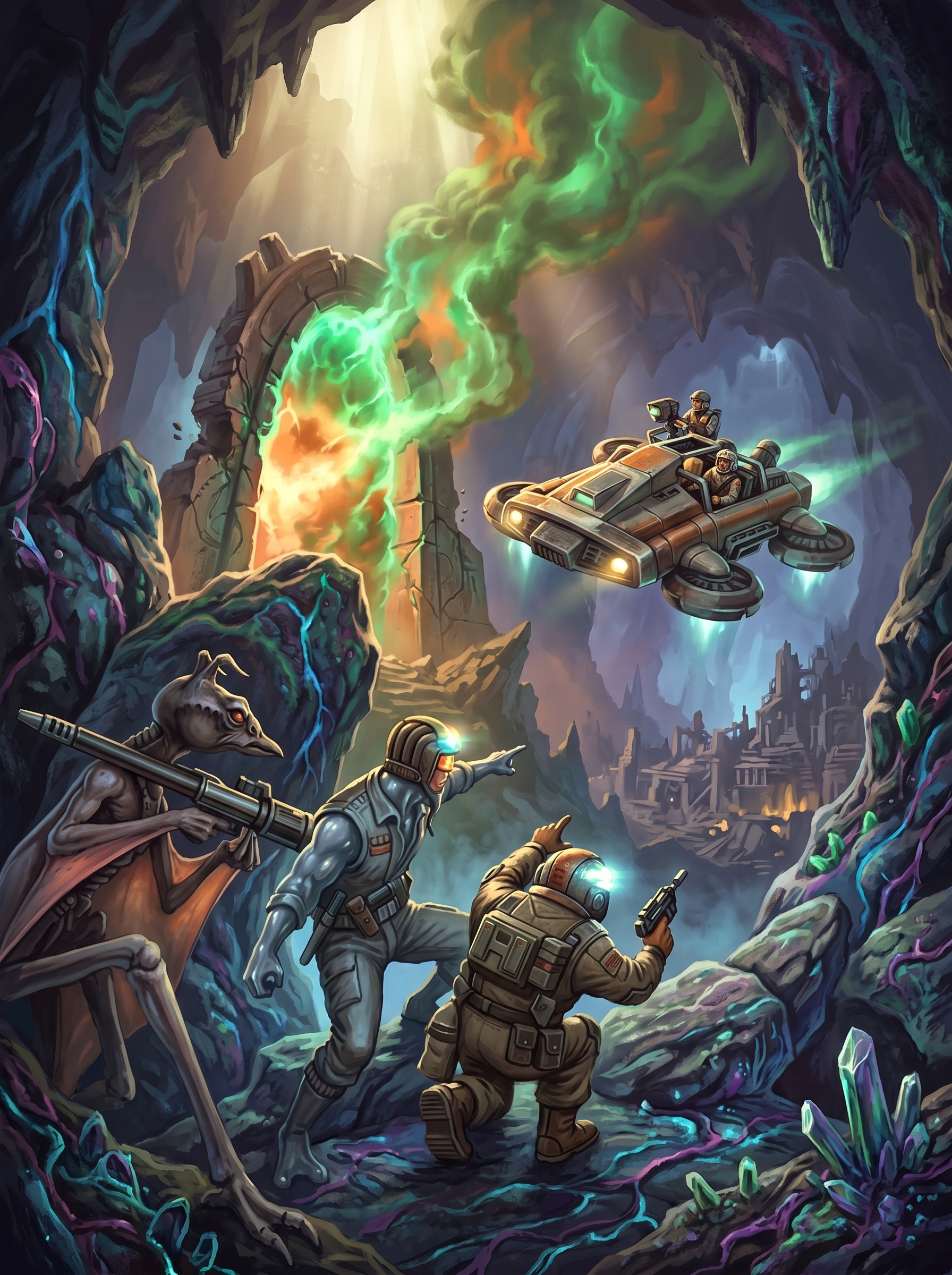 Scan-driven remix of the Star Frontiers cover showing explorers in an alien cavern