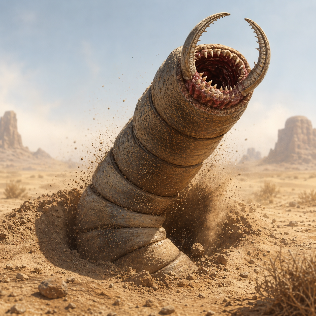Funnel Worm creature concept art bursting from the Volturnus desert