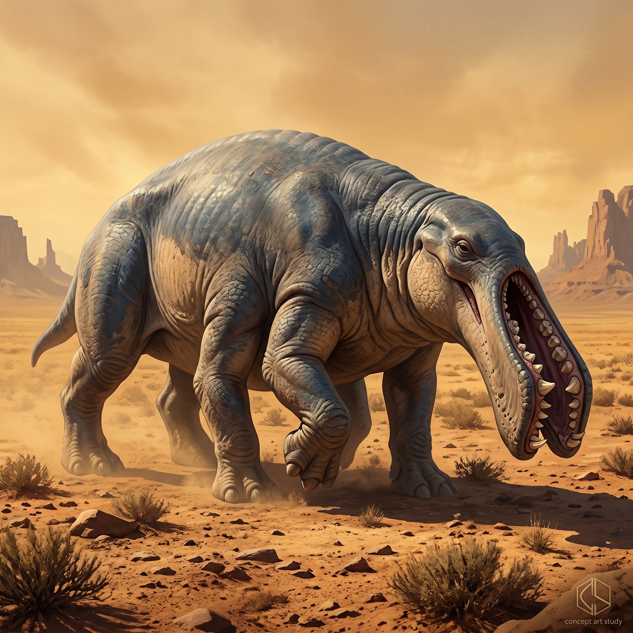 Land Whale creature concept art crossing an alien desert