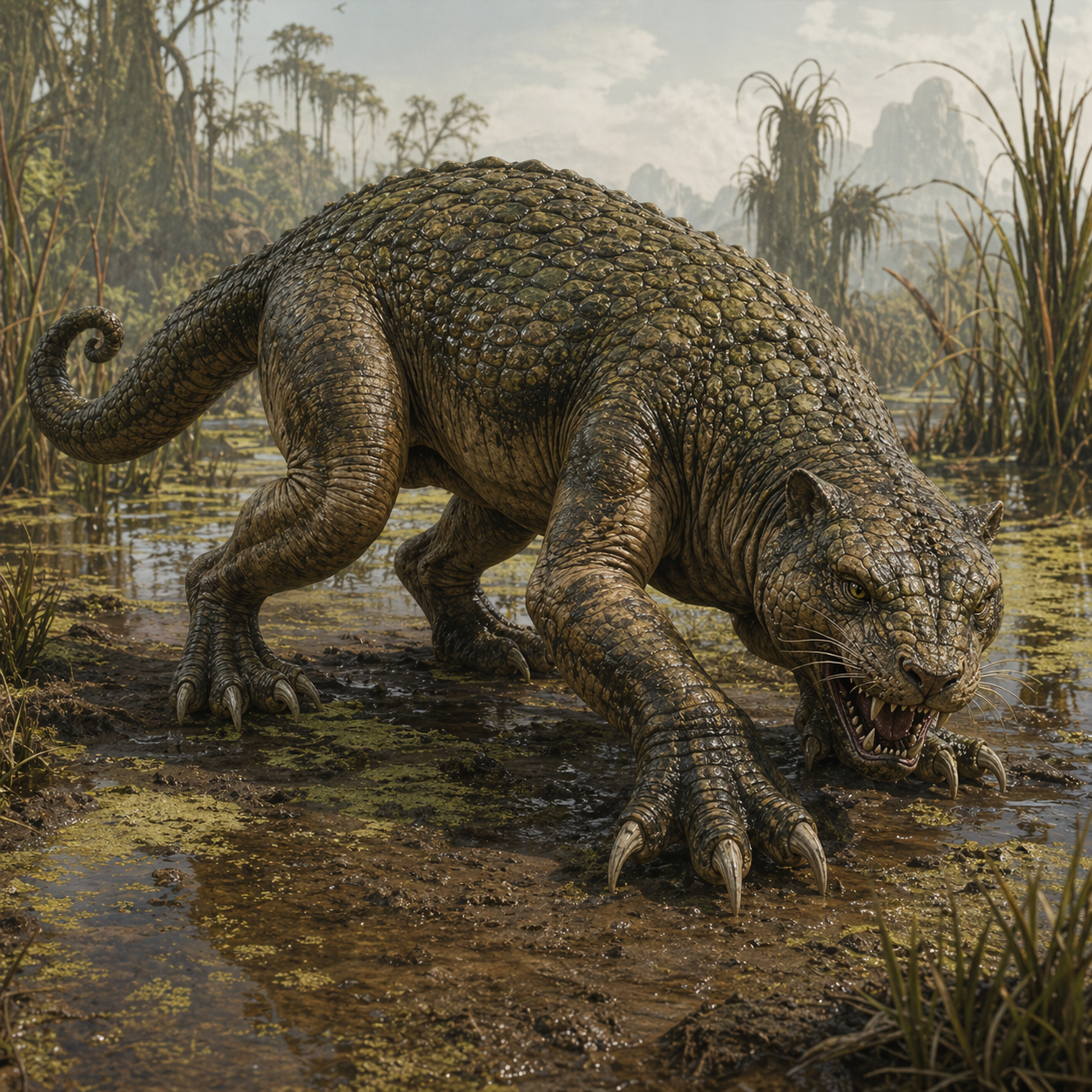 Megasaurus creature concept art showing an alien reptilian cat predator stalking a Volturnus marsh edge