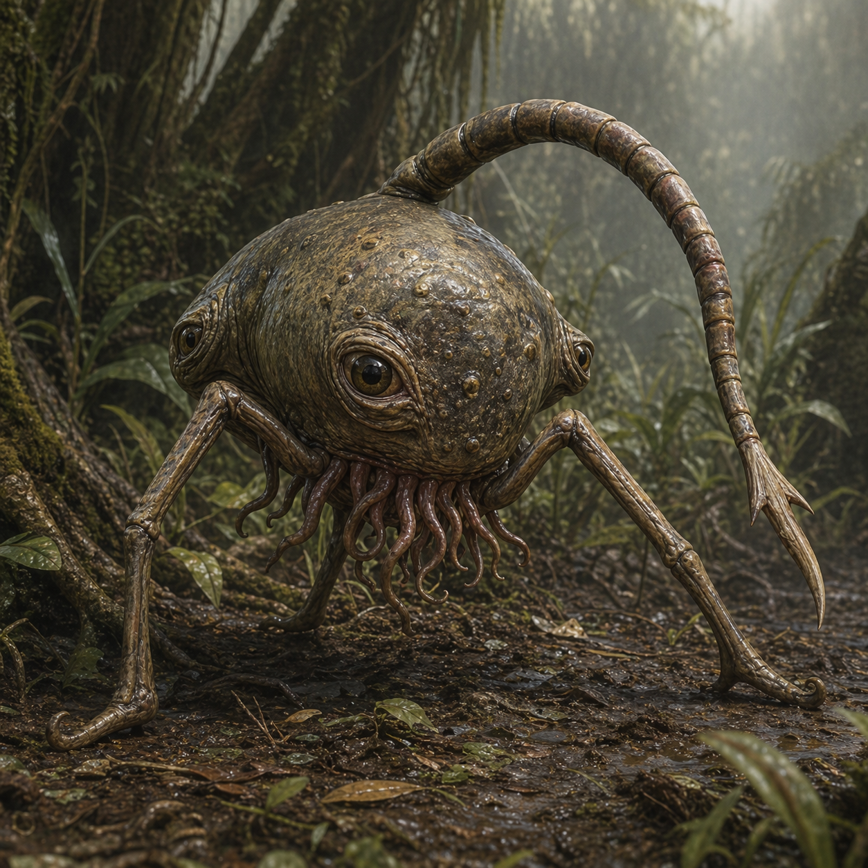 Queequeg creature concept art showing a tripod ambush predator in a humid Volturnus forest