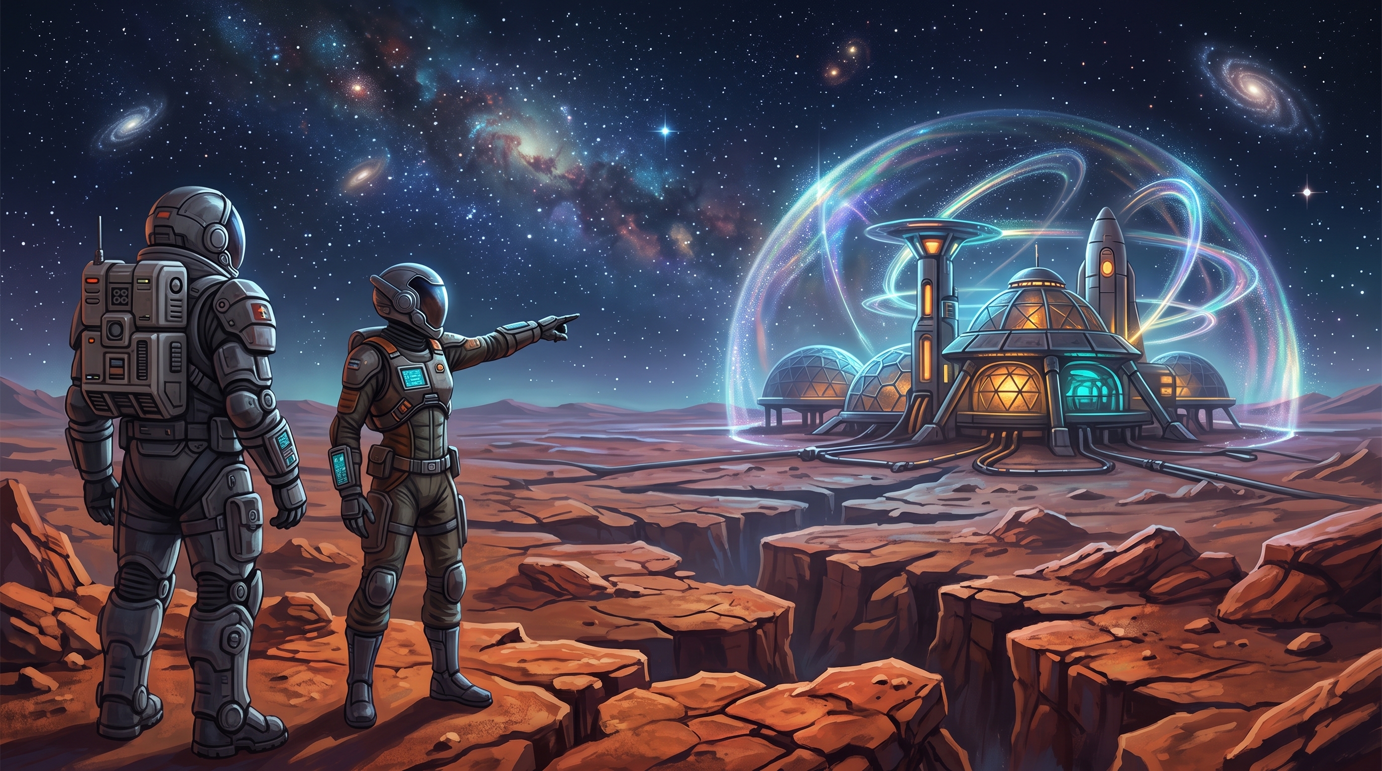 Rocket Scout scene study showing two frontier explorers overlooking a glowing domed outpost on a barren alien world