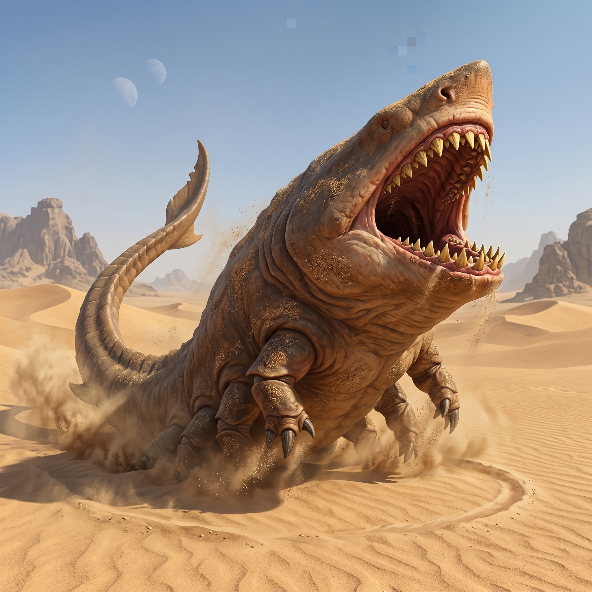 Sand Shark creature concept art erupting from desert dunes