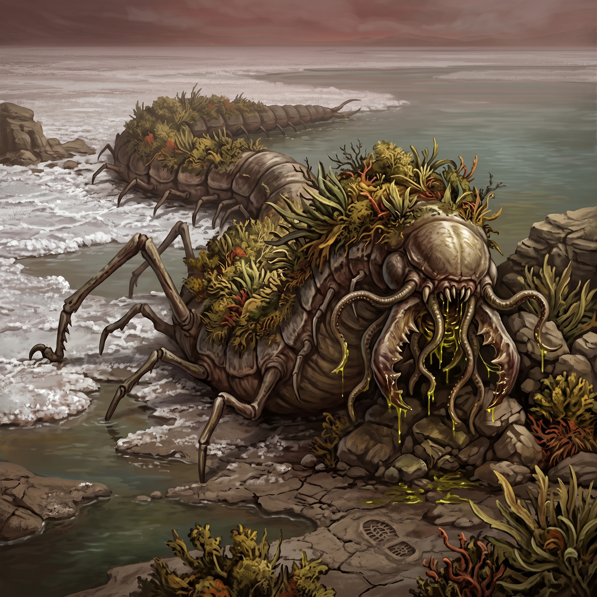 Slither creature concept art showing a plant-camouflaged worm-centipede predator near salt water