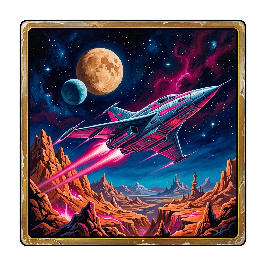 Spaceship over alien landscape