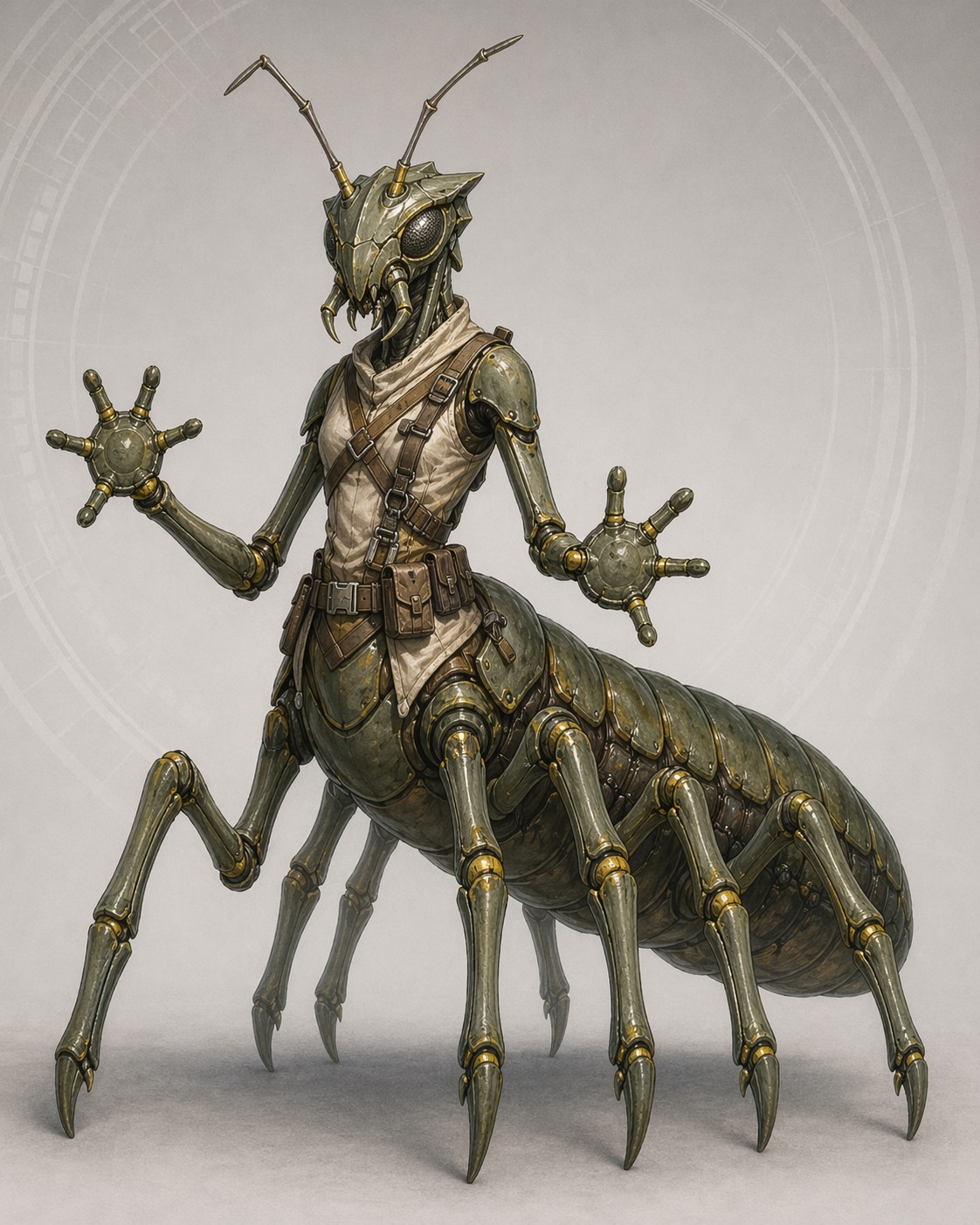 Vrusk species study remix showing the angular insectoid alien anatomy in a codex-style presentation