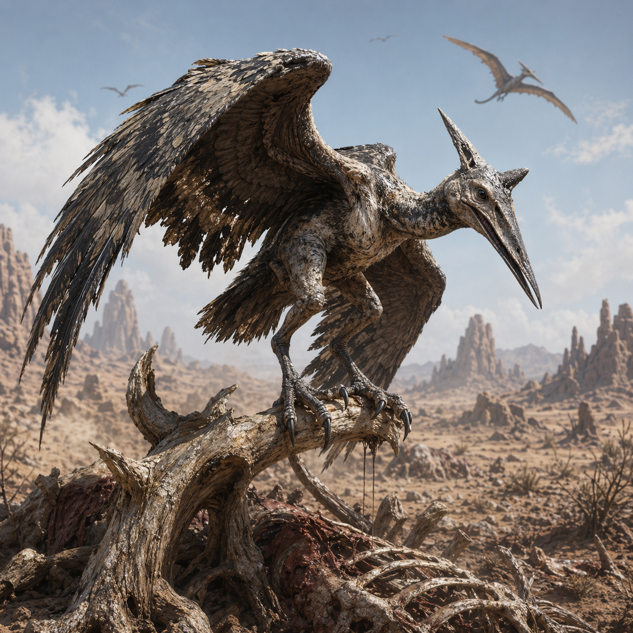 Winged Rippers creature concept art showing a scavenger bird perched above carrion in the Volturnus badlands