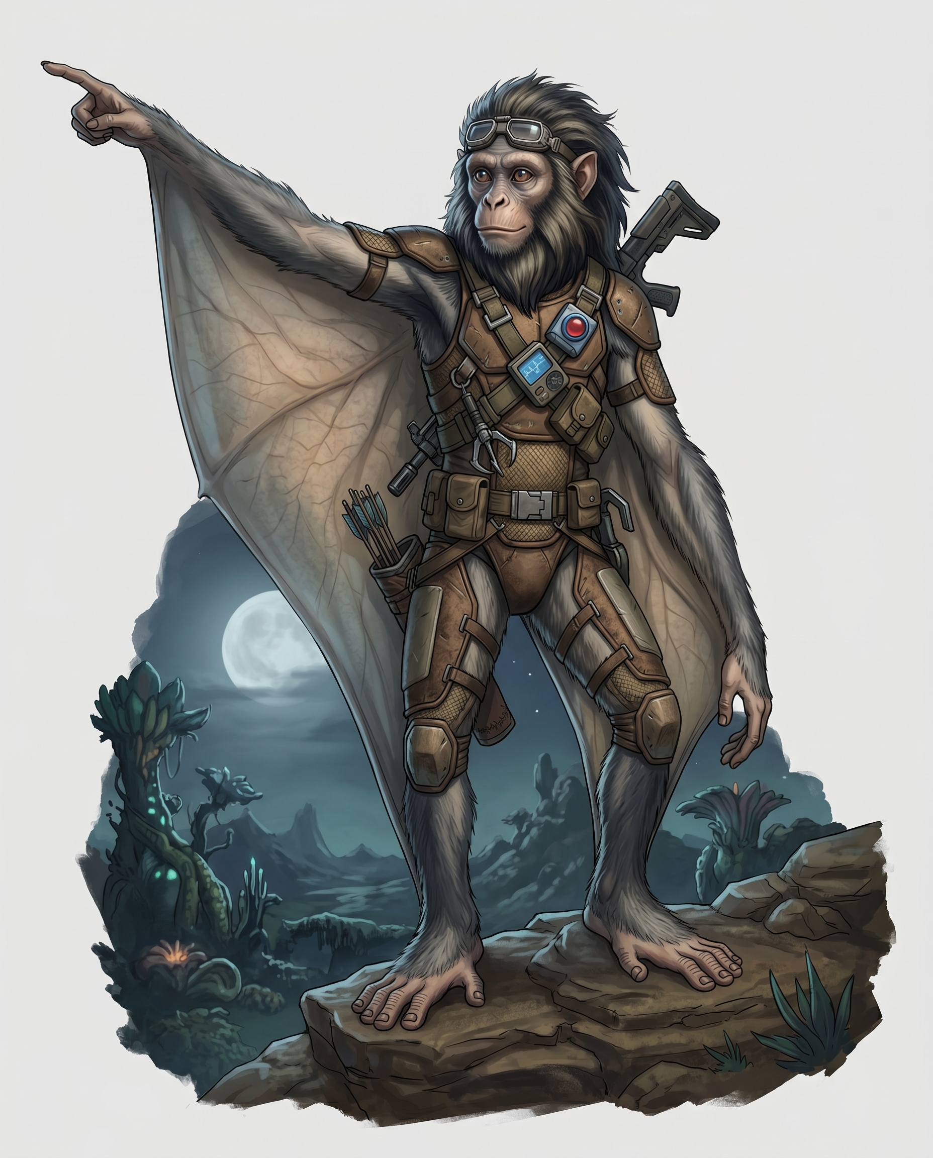 Yazirian species study remix showing a winged primate scout on an alien world